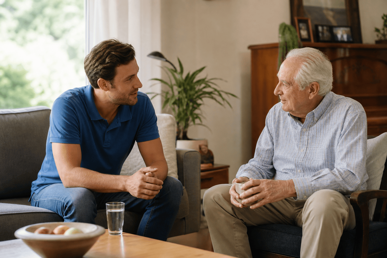 Angehörige und älterer Mann sprechen über Unterstützung zu Hause