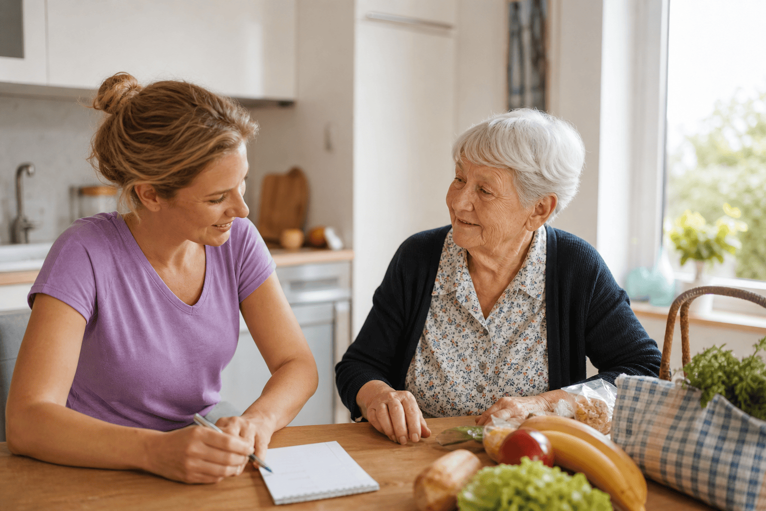 Seniorin und Haushaltshilfe besprechen eine Einkaufsliste