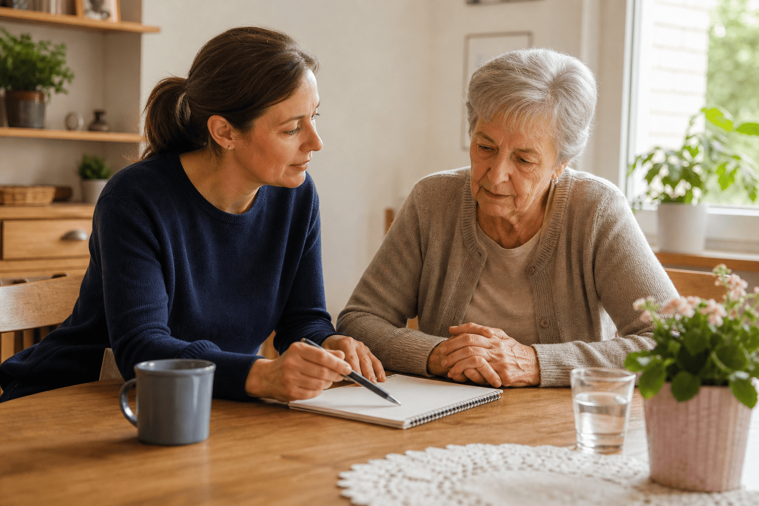 Angehörige und ältere Person besprechen gemeinsam einen Plan für Unterstützung im Haushalt.