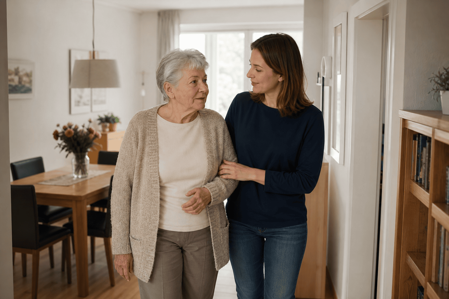 Ältere Person und Angehörige besprechen Unterstützung zu Hause