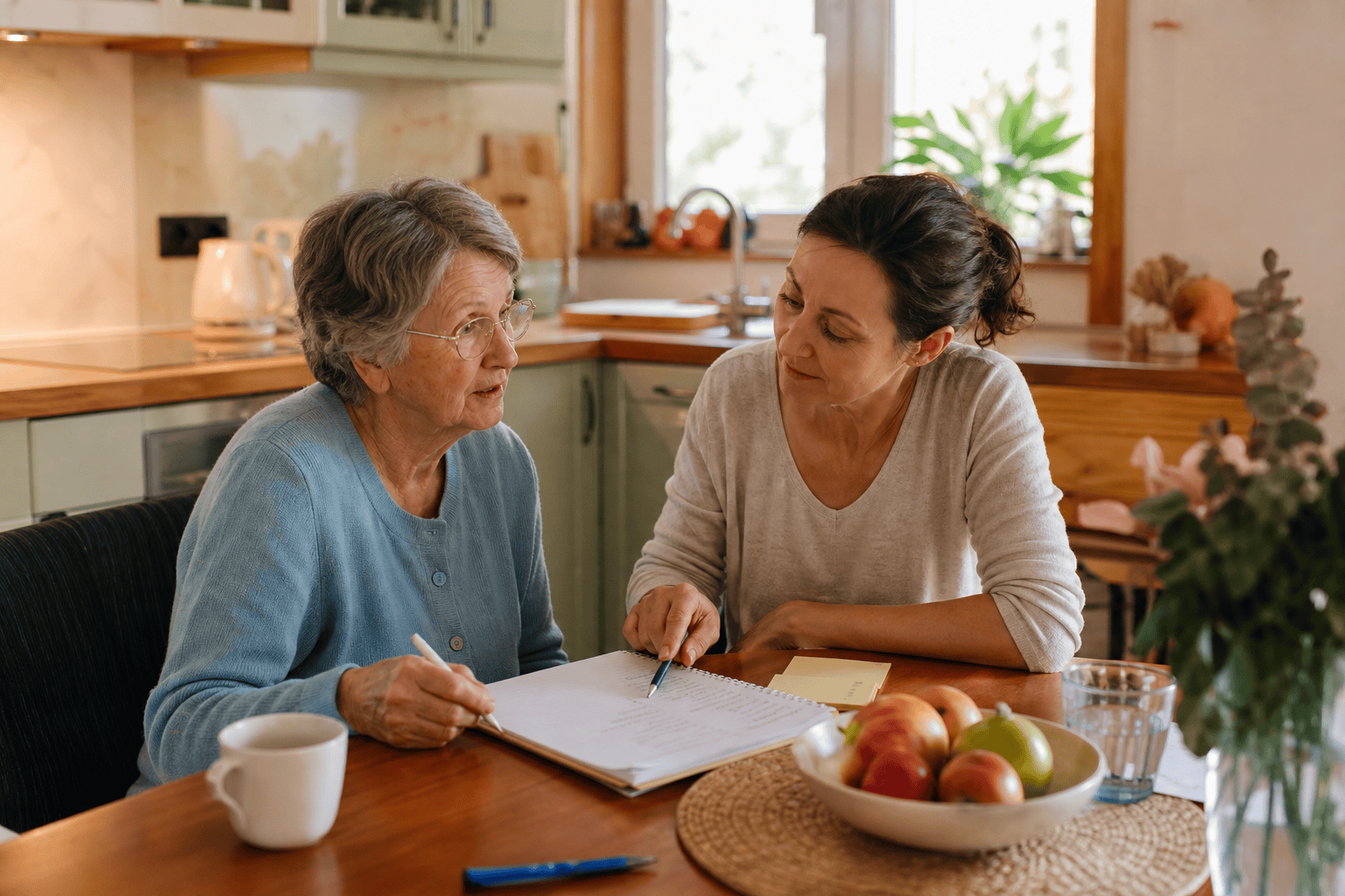 Angehörige und ältere Person besprechen einen Wochenplan für Haushaltshilfe