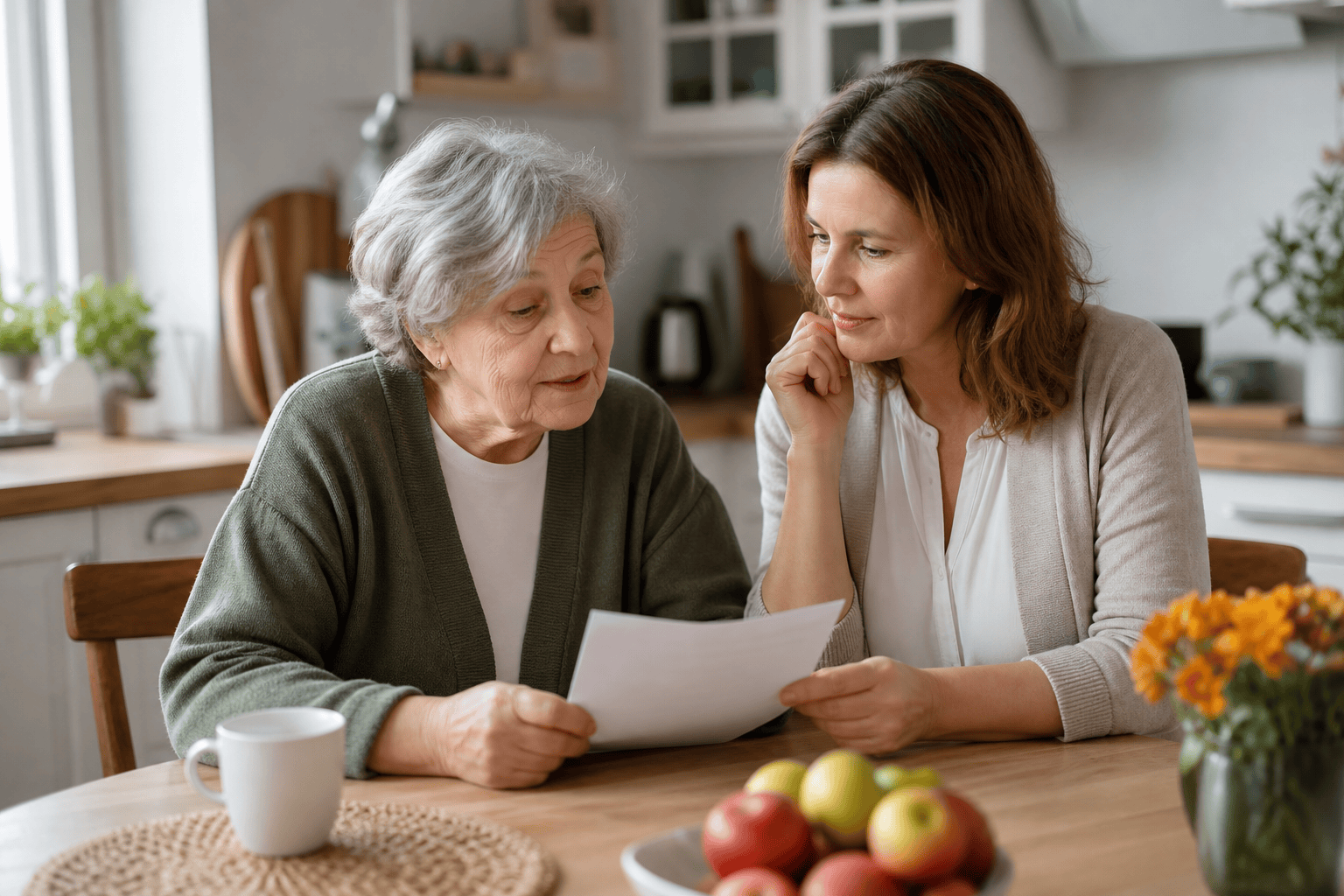 Seniorin und Angehörige besprechen Aufgaben der Haushaltshilfe