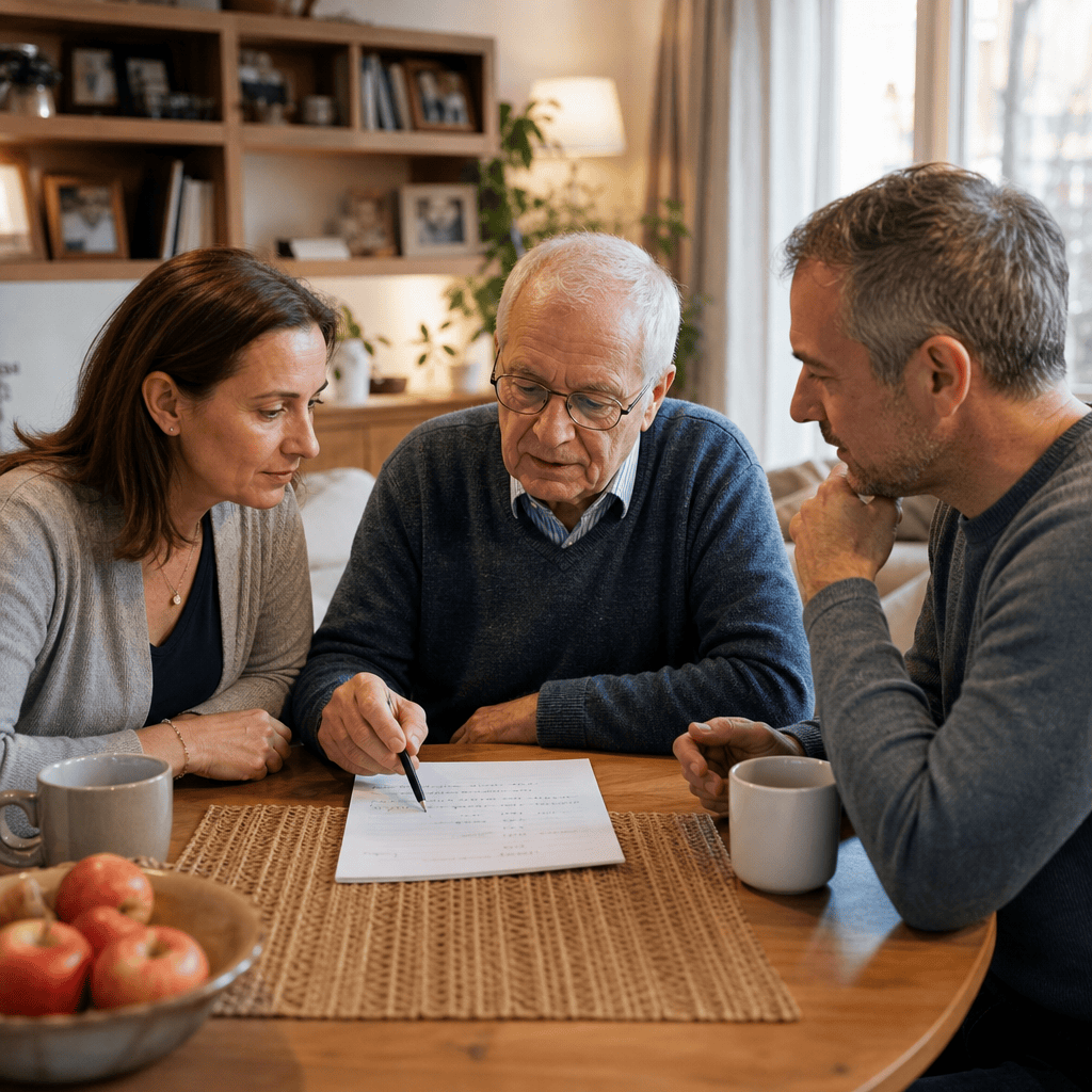 Älterer Mann und Angehörige prüfen eine Liste mit Unterstützungsleistungen.