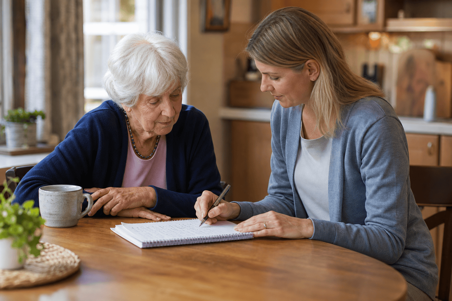 Ältere Person und Angehörige besprechen einen Aufgabenplan für den Haushalt