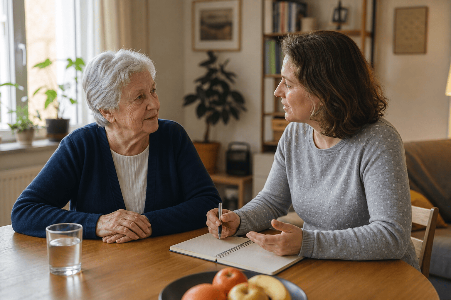 Angehörige und ältere Person besprechen Unterstützung im Pflegealltag