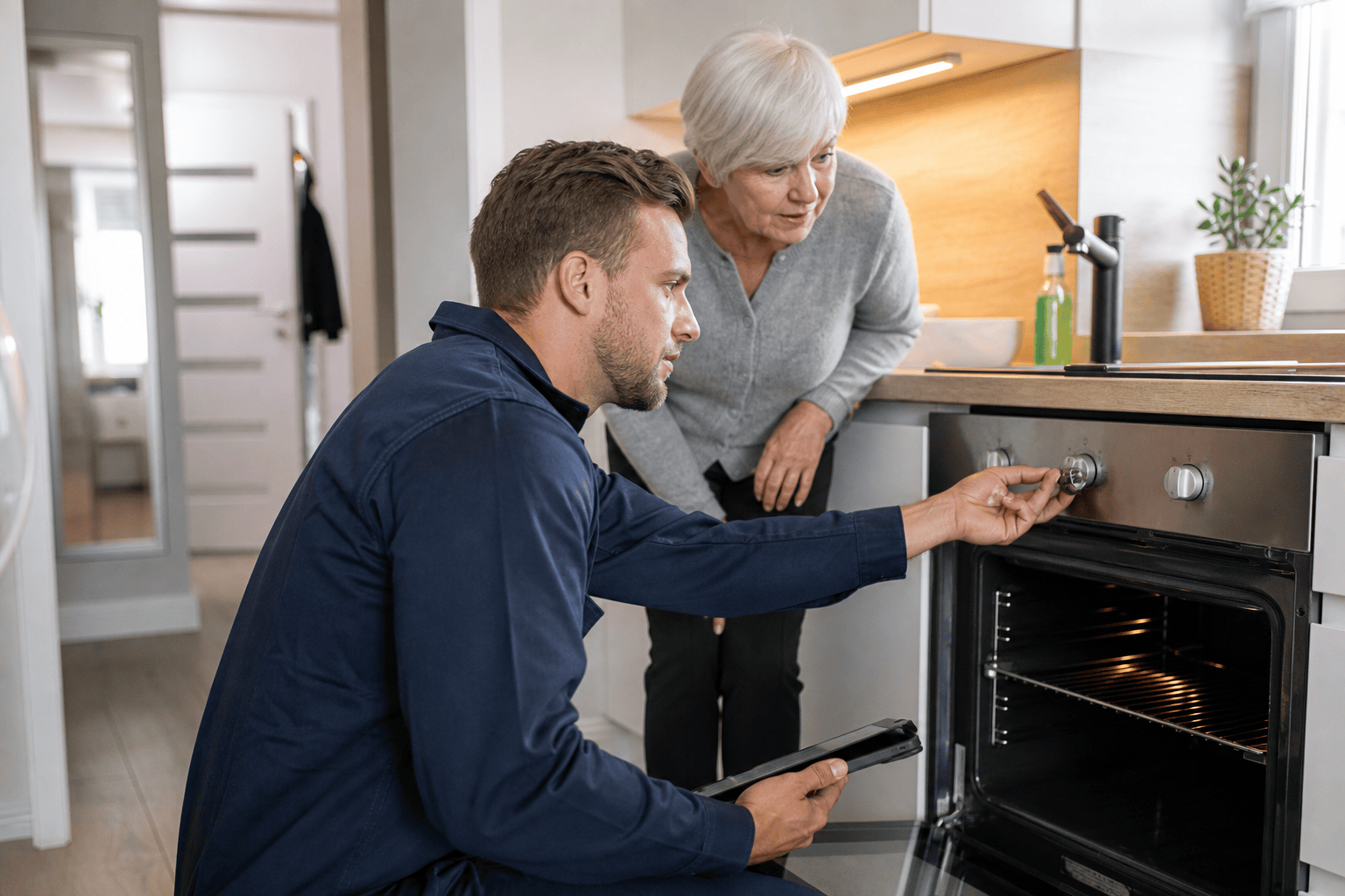 Elektrofachkraft prüft einen elektrischen Herd in einer privaten Küche.