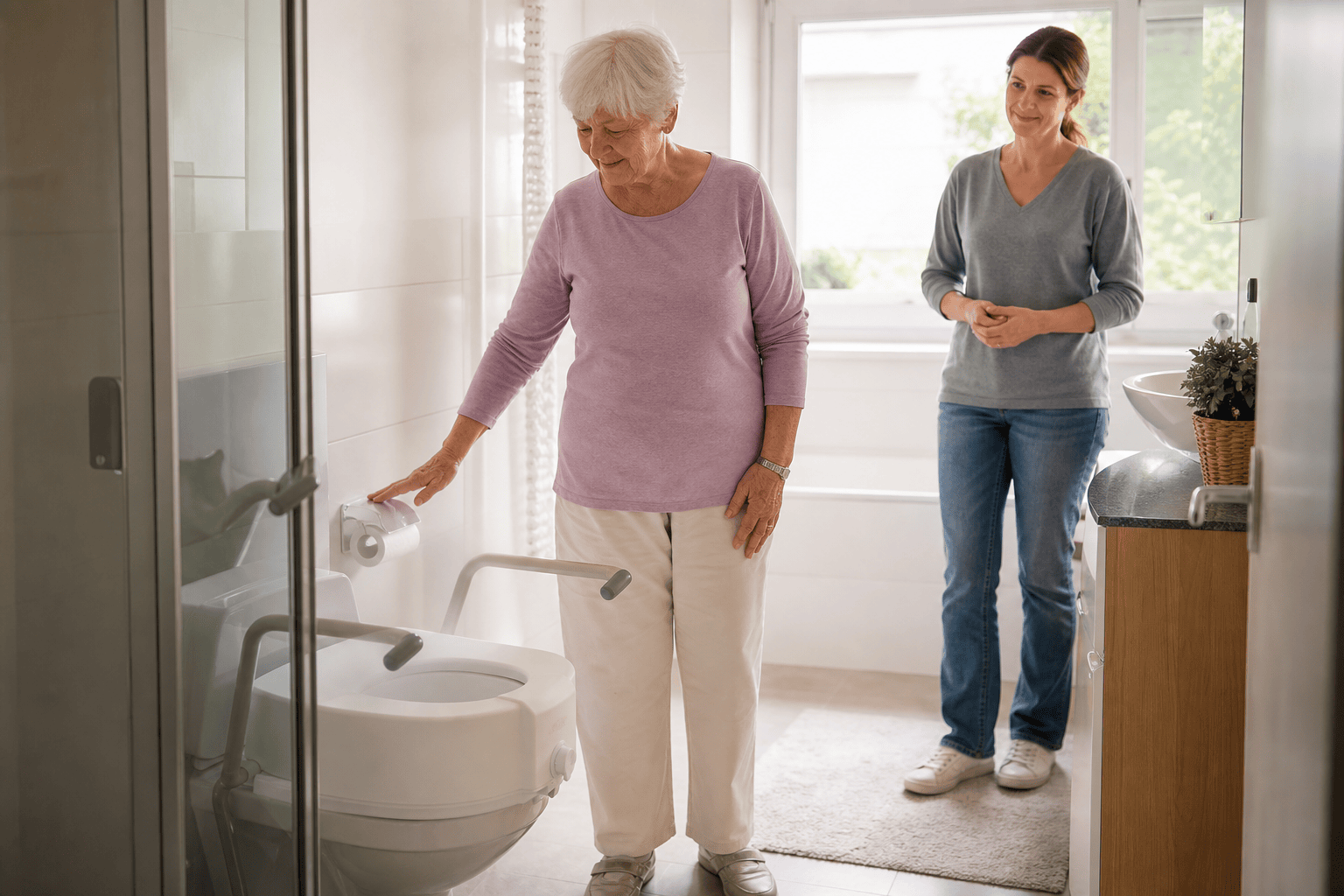Ältere Person nutzt eine Toilettensitzerhöhung im häuslichen Bad