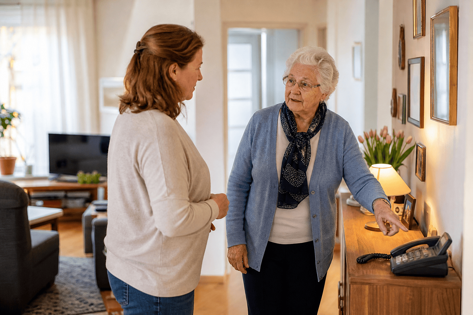Ältere Person und Angehörige besprechen Sicherheit und Orientierung in der Wohnung