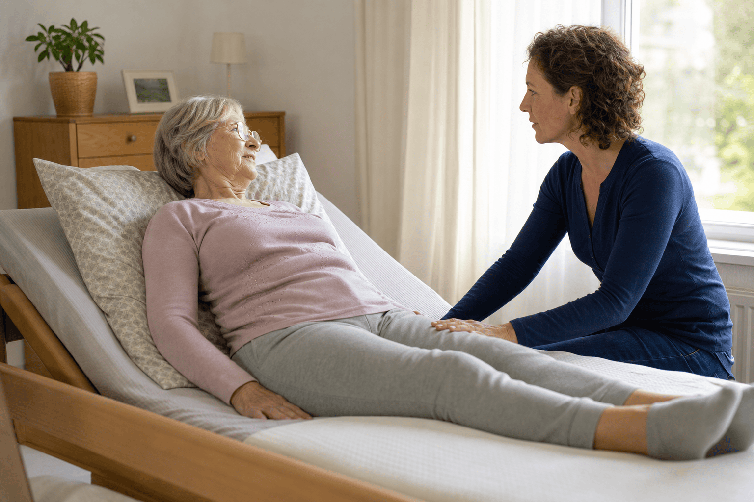 Angehörige bespricht mit einer älteren Person eine bequeme Liegeposition