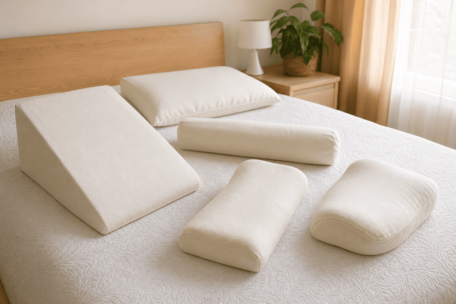 Lagerungskissen, Keil und Rolle auf einem Bett in häuslicher Umgebung