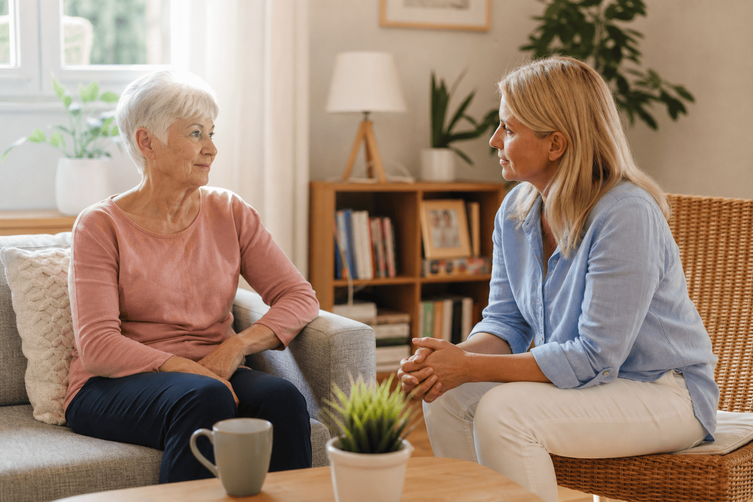 Ältere Frau und Angehörige besprechen den Unterstützungsbedarf im Alltag.