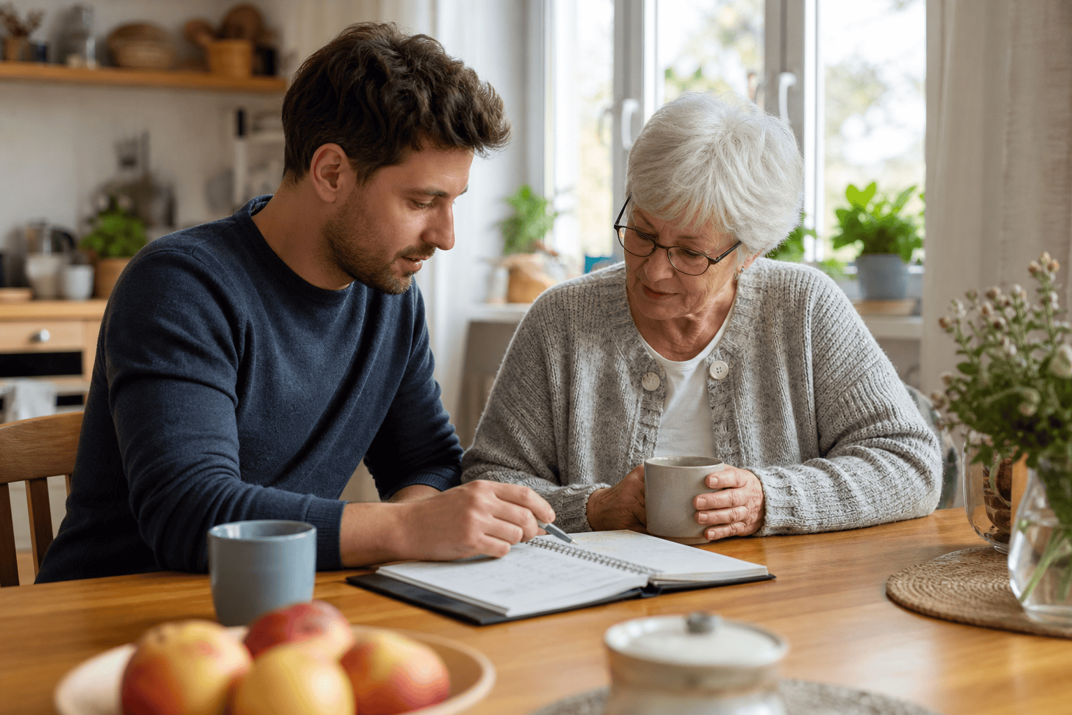 Angehöriger und ältere Person planen Unterstützung für den Alltag zu Hause.