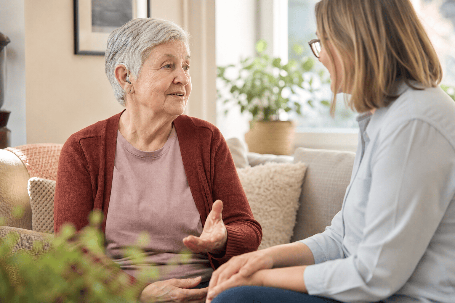Ältere Person und Angehöriger sprechen entspannt zu Hause miteinander.