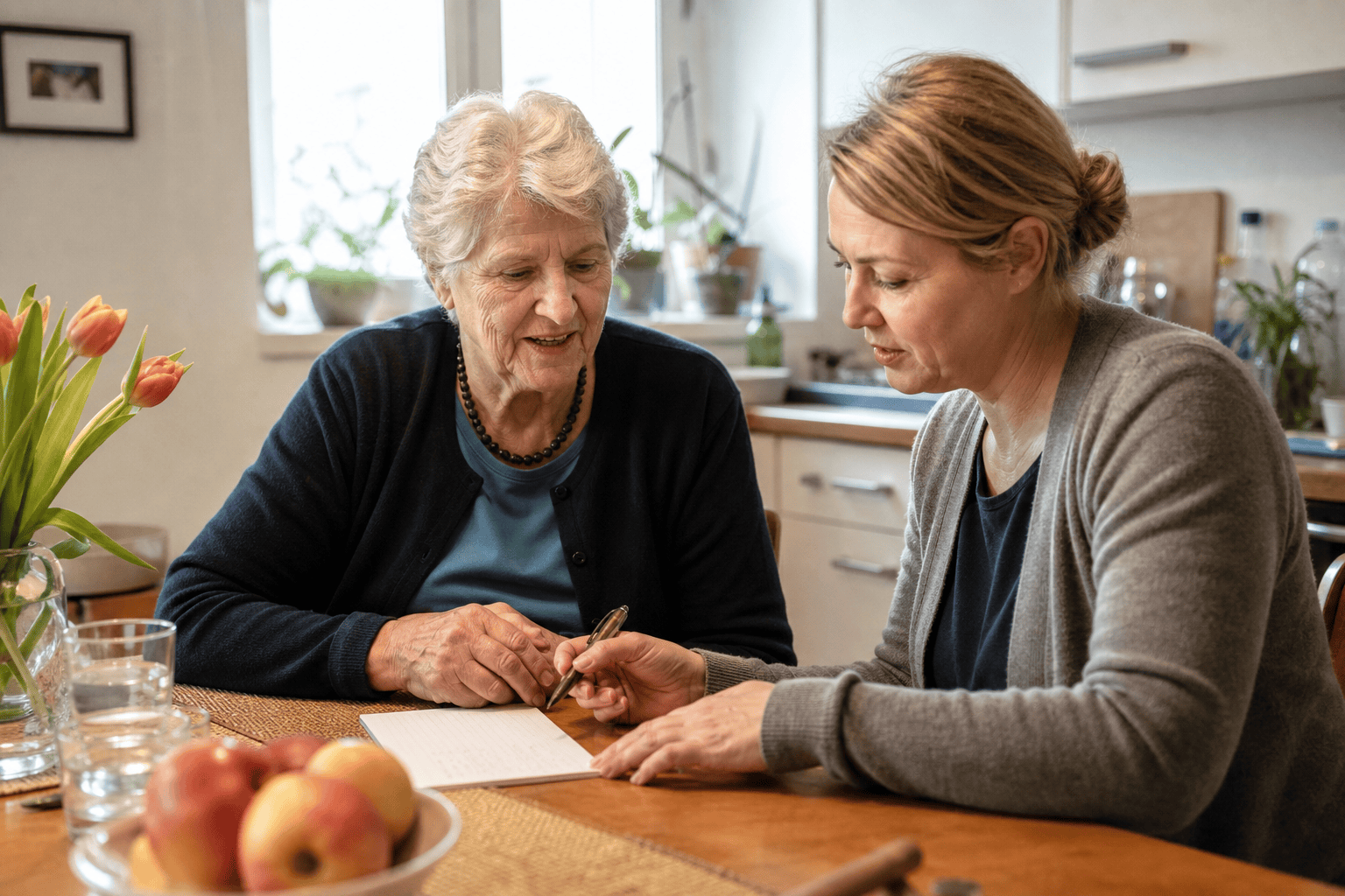 Angehörige und ältere Person besprechen eine Hygieneroutine am Küchentisch.
