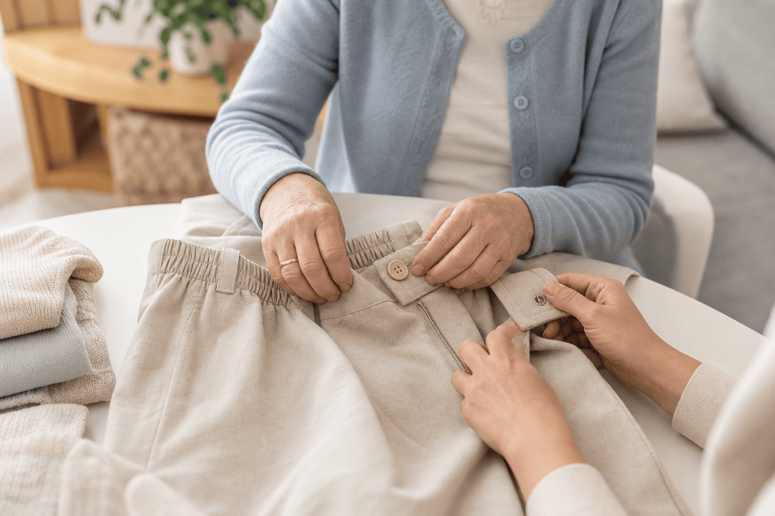 Weiche Stoffe, elastischer Bund und gut greifbare Verschlüsse