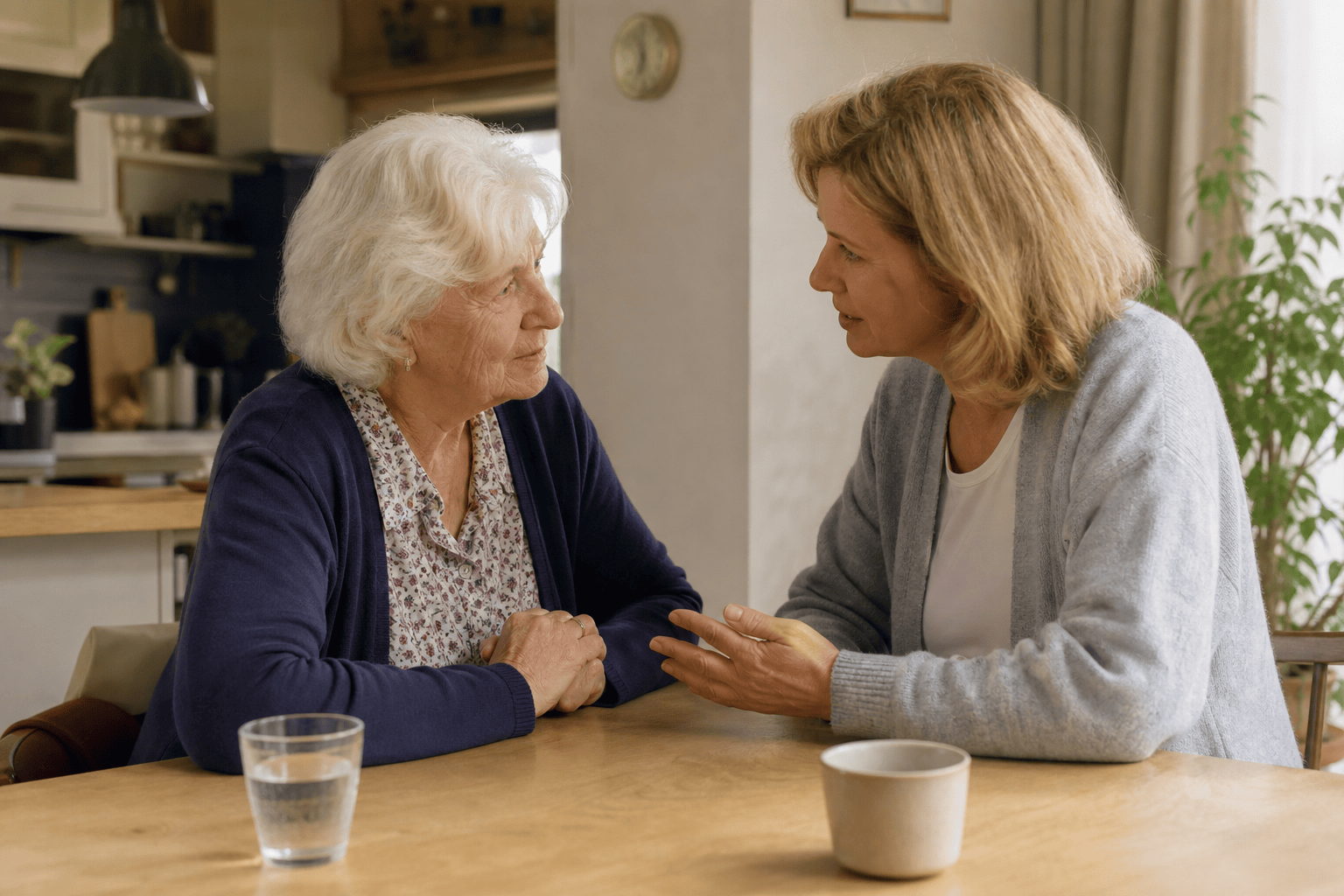Ältere Person und Angehörige besprechen Unterstützung im Pflegealltag