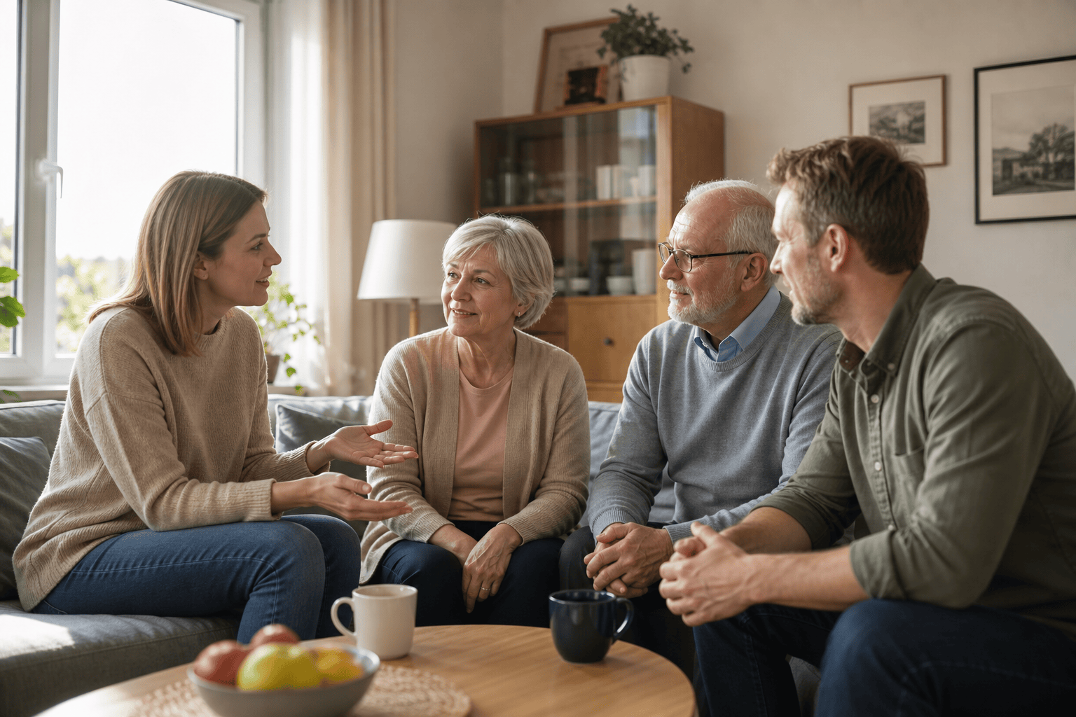 Älteres Paar und Angehörige besprechen eine Unterstützung zu Hause