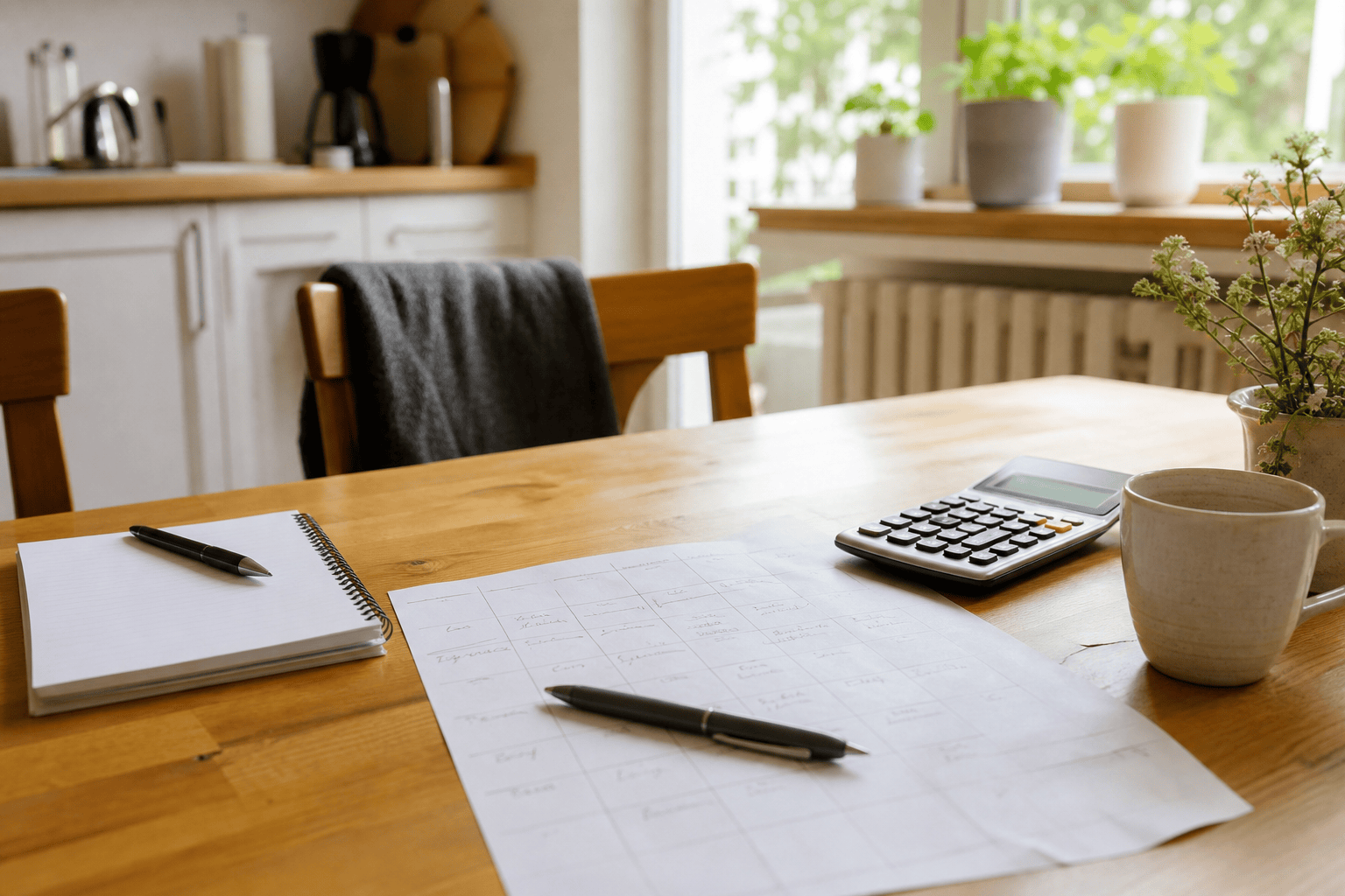 Wochenplan und Taschenrechner für die Planung der Pflege zu Hause
