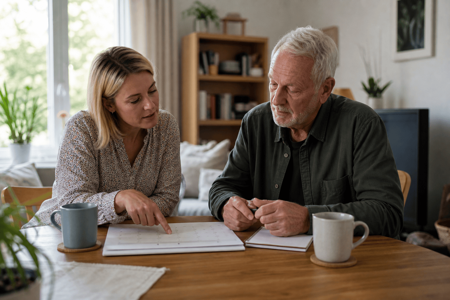 Angehörige und älterer Mann planen gemeinsam Unterstützung im Alltag
