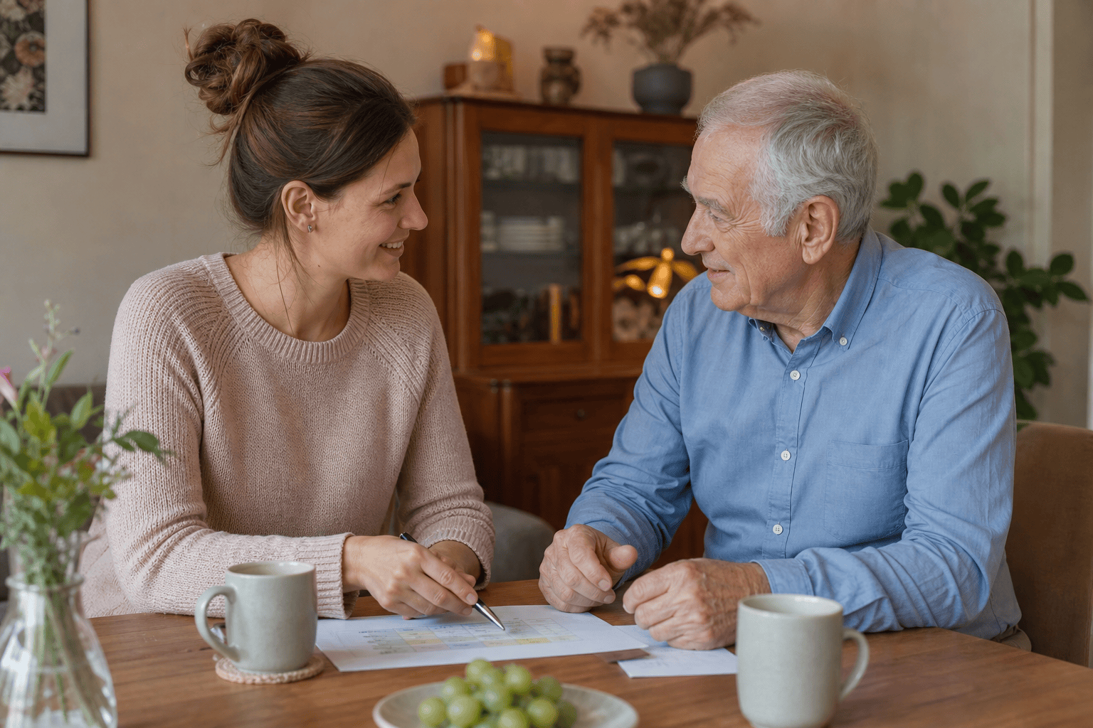 Tochter und älterer Vater besprechen den Unterstützungsbedarf zu Hause