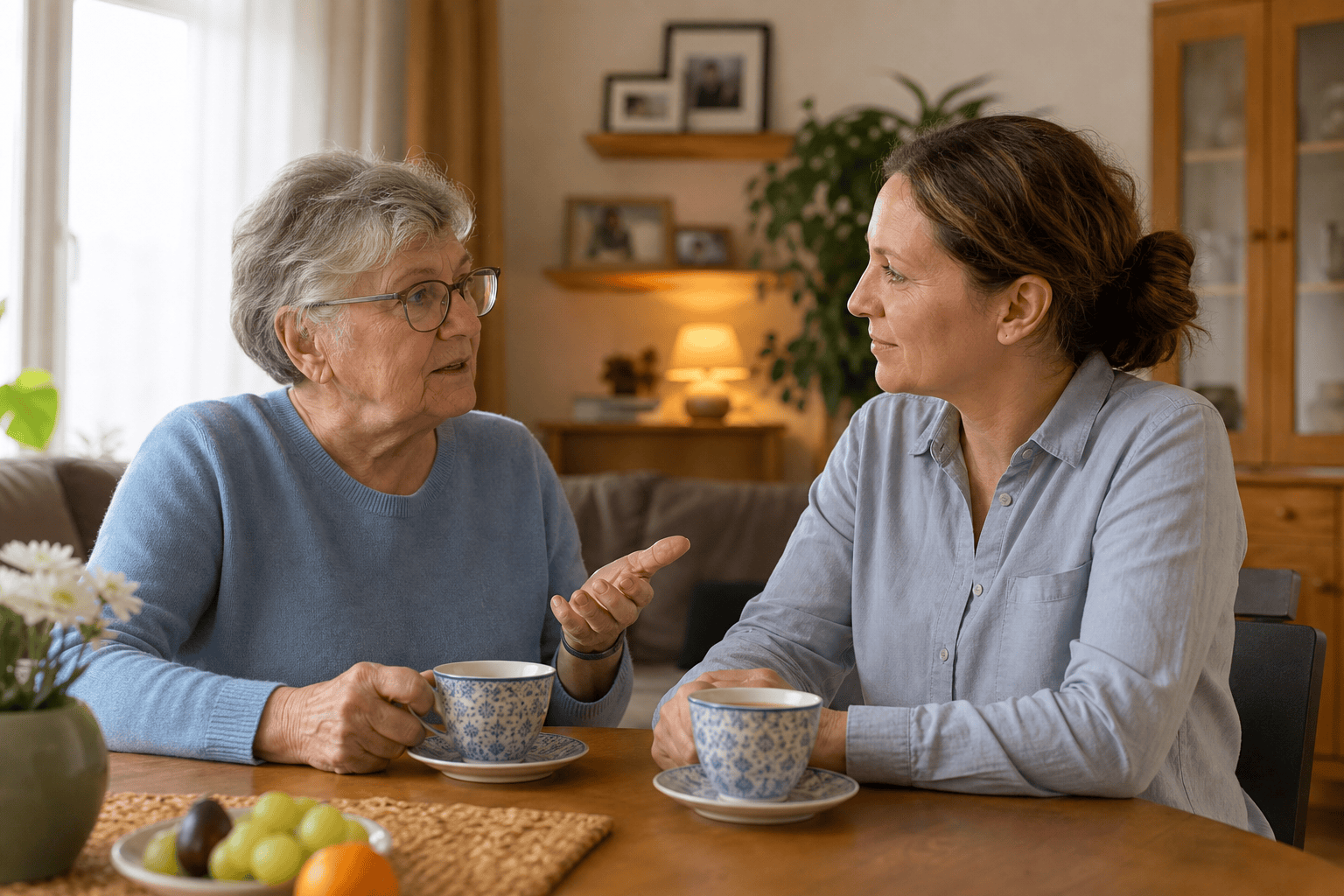 Ältere Person und Angehöriger besprechen Unterstützung im Alltag zu Hause