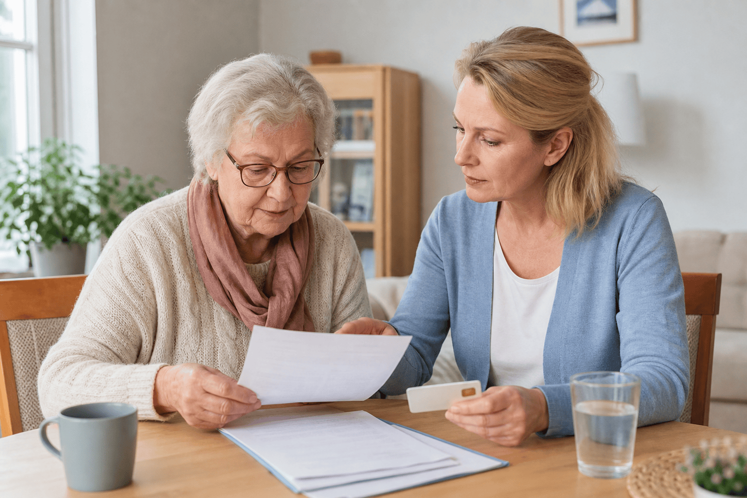 Angehörige und ältere Person besprechen Verordnung und Gesundheitskarte