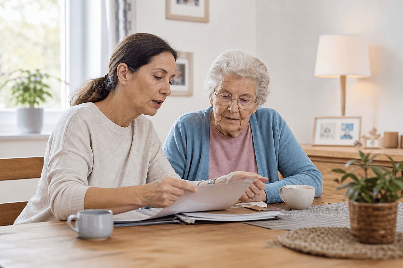 Angehörige planen gemeinsam mit einer älteren Person eine medizinische Fahrt