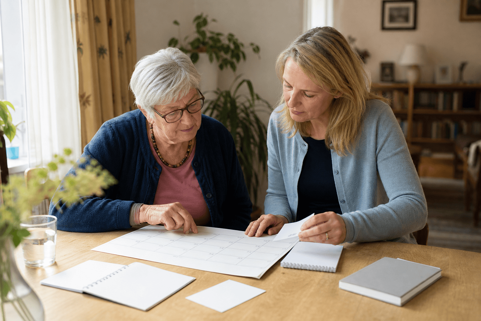 Ältere Person und Angehörige planen gemeinsam den Alltag