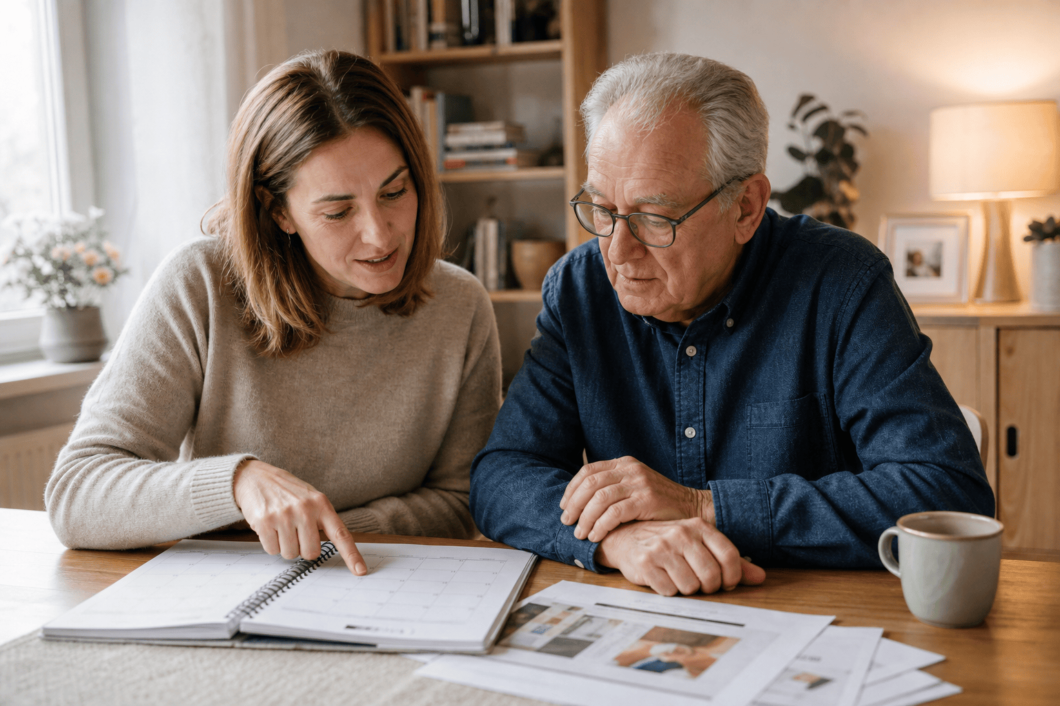 Angehörige und älterer Mann planen gemeinsam einen Kurzzeitpflegeaufenthalt.