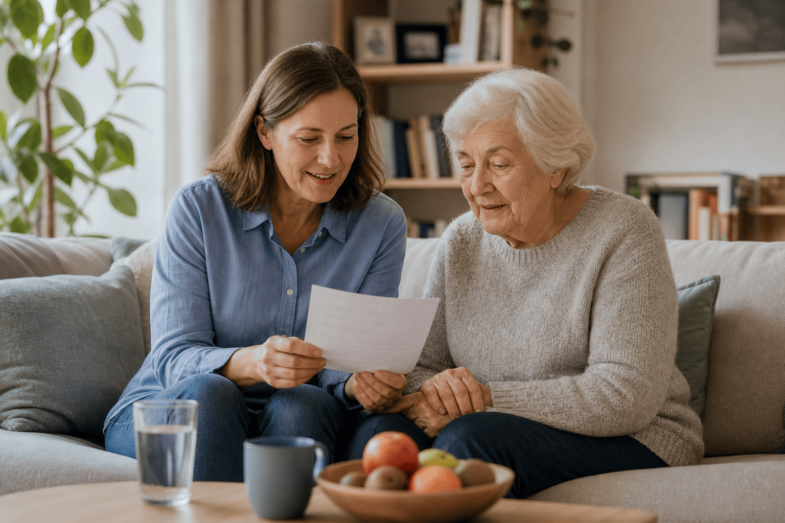 Angehörige und ältere Frau besprechen die Unterstützung im Alltag.