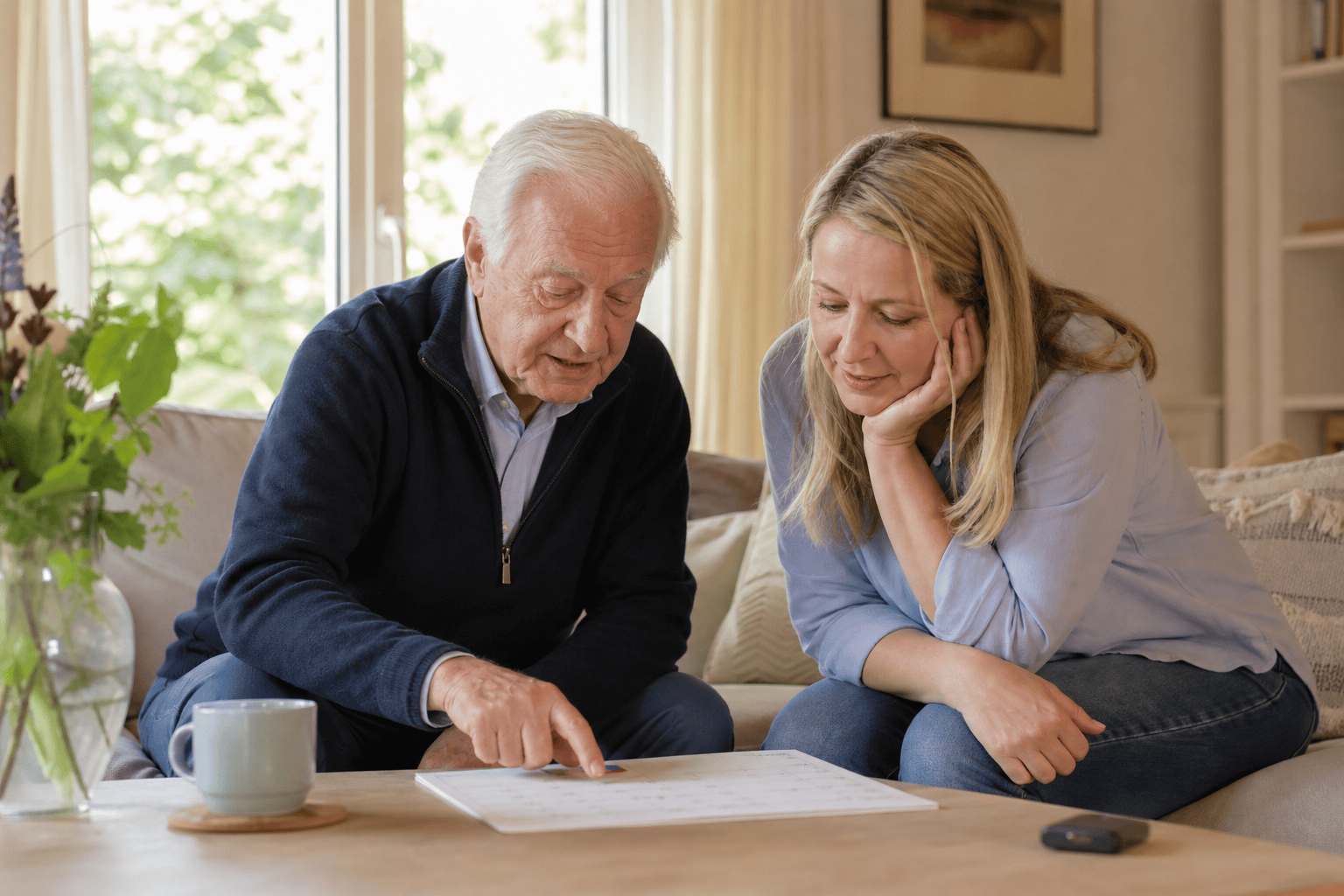 Älterer Mann und Angehörige besprechen einen Wochenplan für Unterstützung.