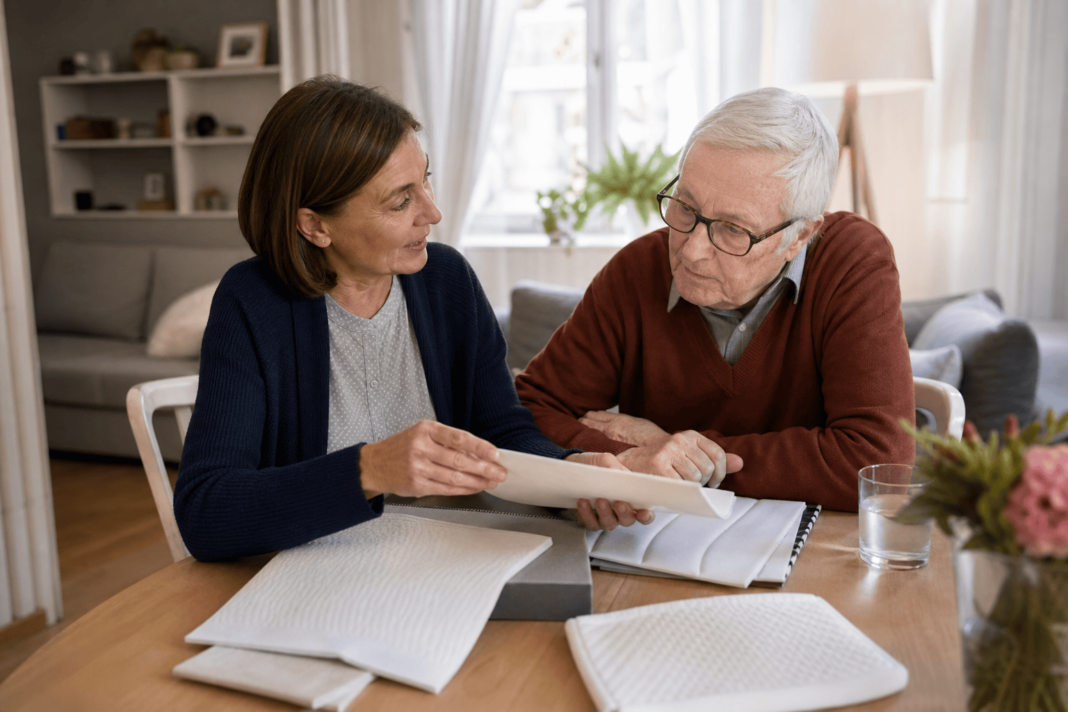 Ältere Person und Angehörige besprechen eine passende Bettlösung