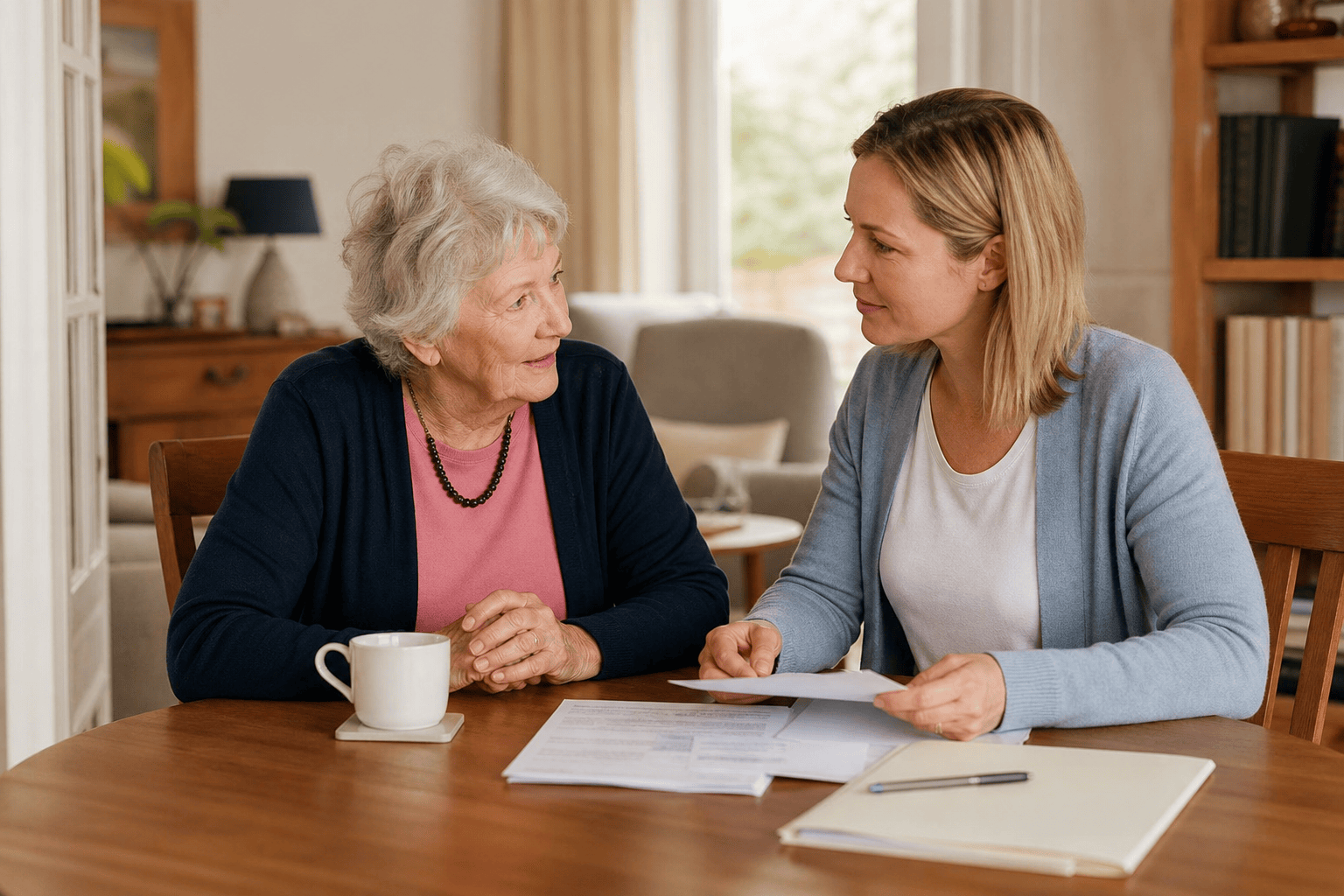Ältere Person und Angehörige sprechen über die Organisation im Alltag