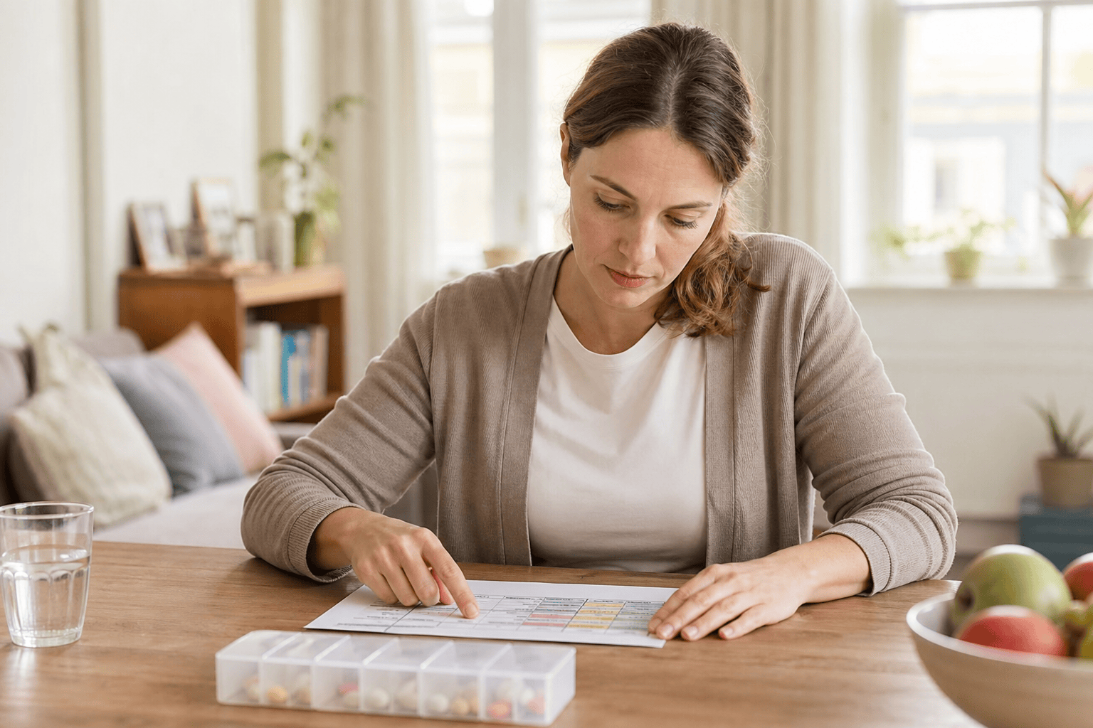 Angehörige organisiert Medikationsplan und Medikamentenbox zu Hause