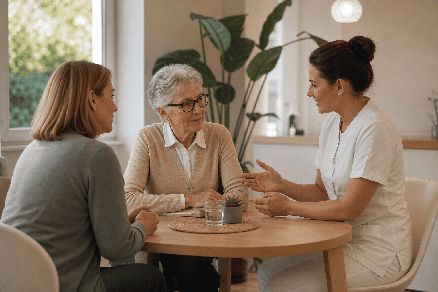 Podologin berät eine ältere Person und eine Angehörige