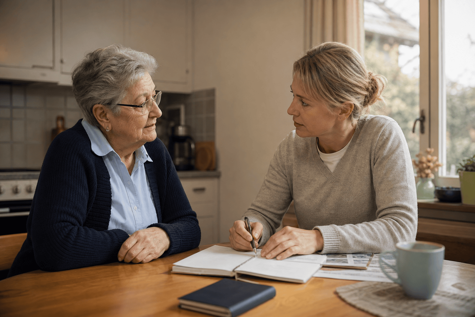 Angehörige und ältere Person machen zu Hause Notizen zum Unterstützungsbedarf im Alltag.