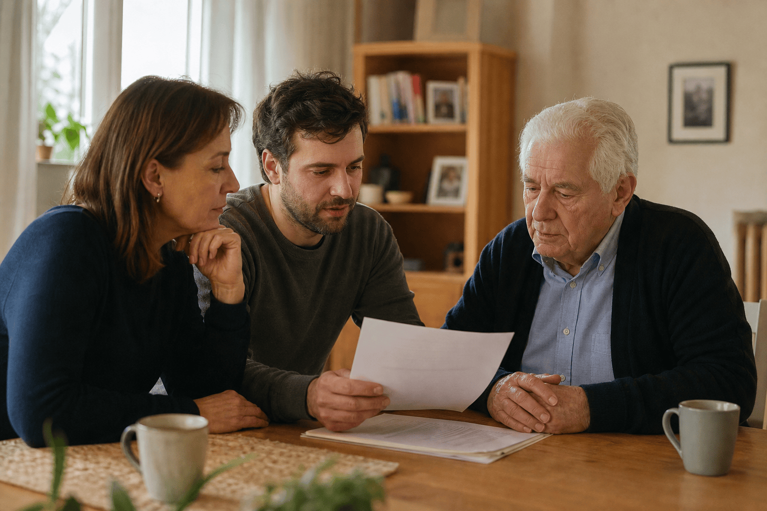 Angehörige bespricht mit älterem Mann einen Bescheid zur finanziellen Unterstützung