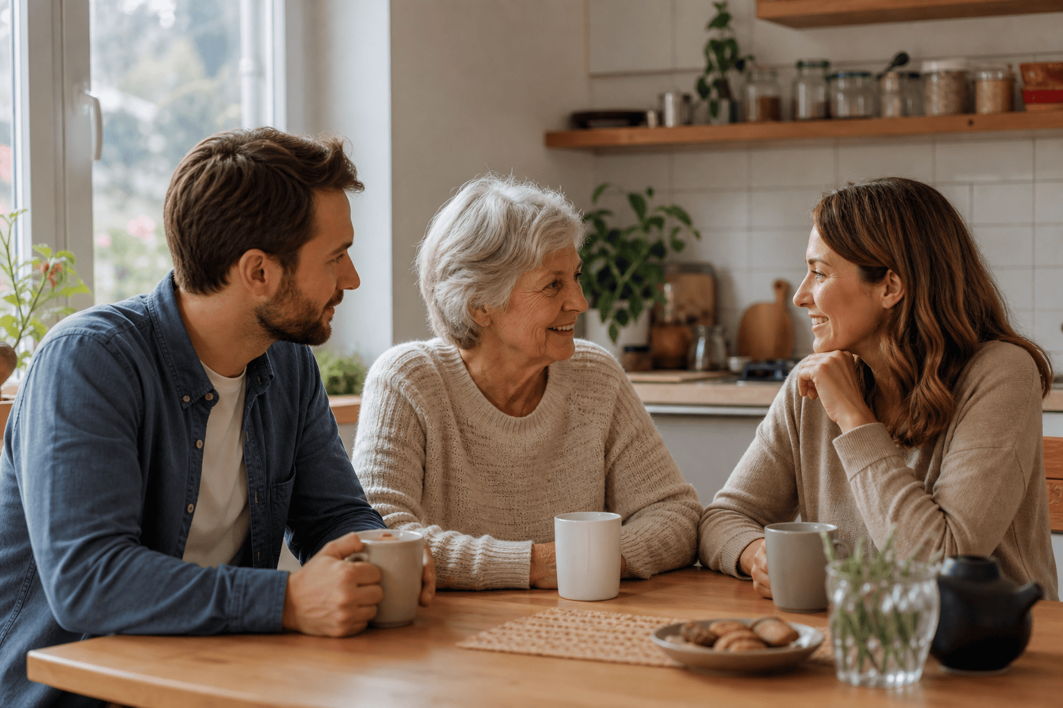 Angehörige und ältere Frau besprechen gemeinsam Unterstützung im Alltag.