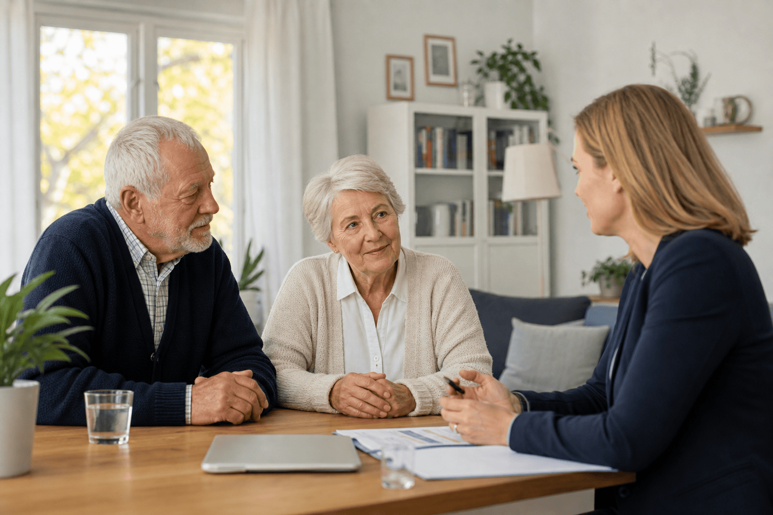 Ältere Person und Angehörige sprechen in ruhiger Wohnatmosphäre über Unterstützung im Alltag.