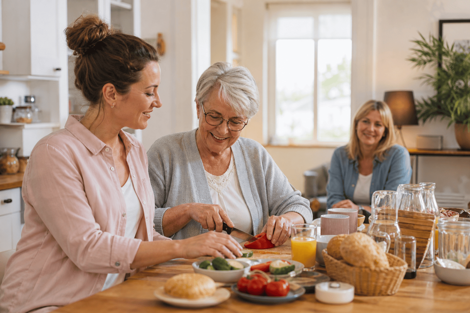 Betreuungskraft und ältere Person bereiten gemeinsam Frühstück zu