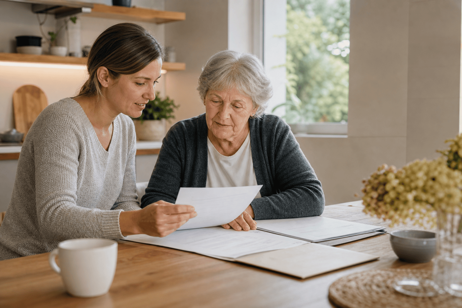 Tochter und ältere Mutter sortieren gemeinsam Unterlagen für eine Checkliste.