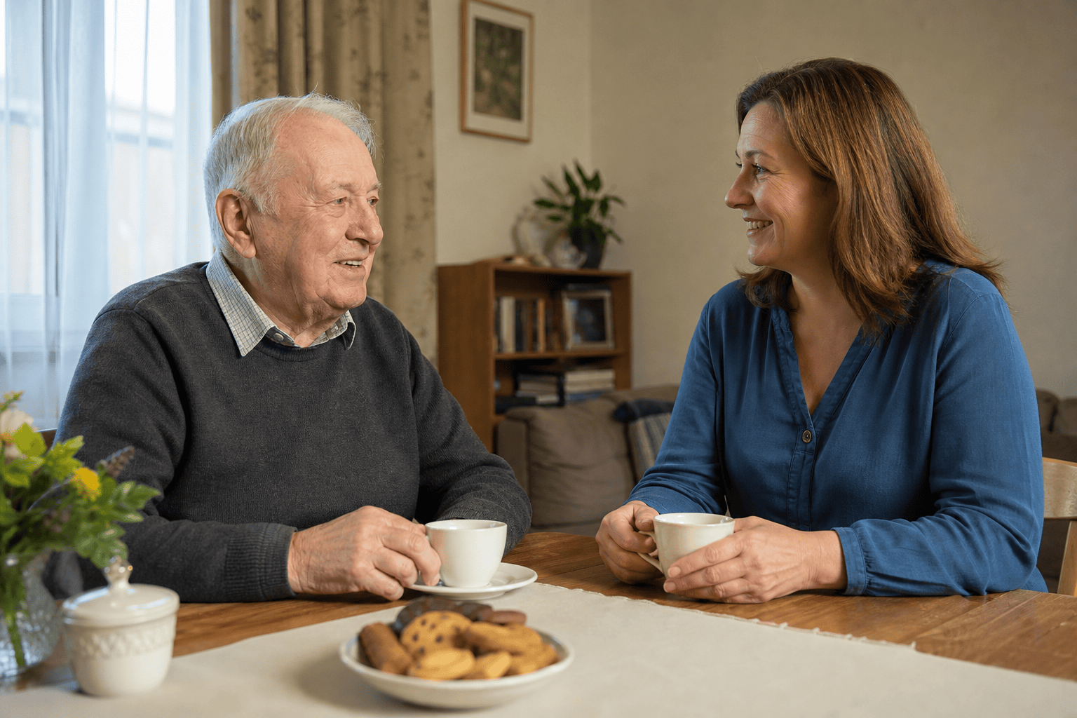 Älterer Mann und Betreuungskraft besprechen den Alltag zu Hause.