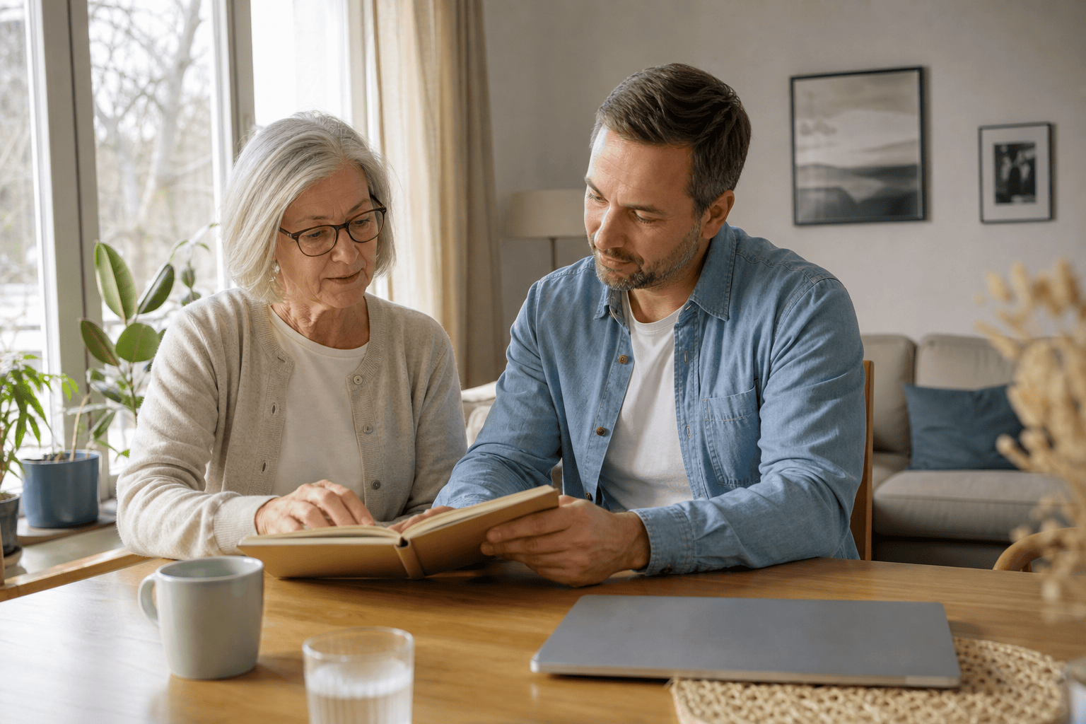 Ältere Frau und ihr erwachsener Sohn besprechen die Organisation der Pflege.