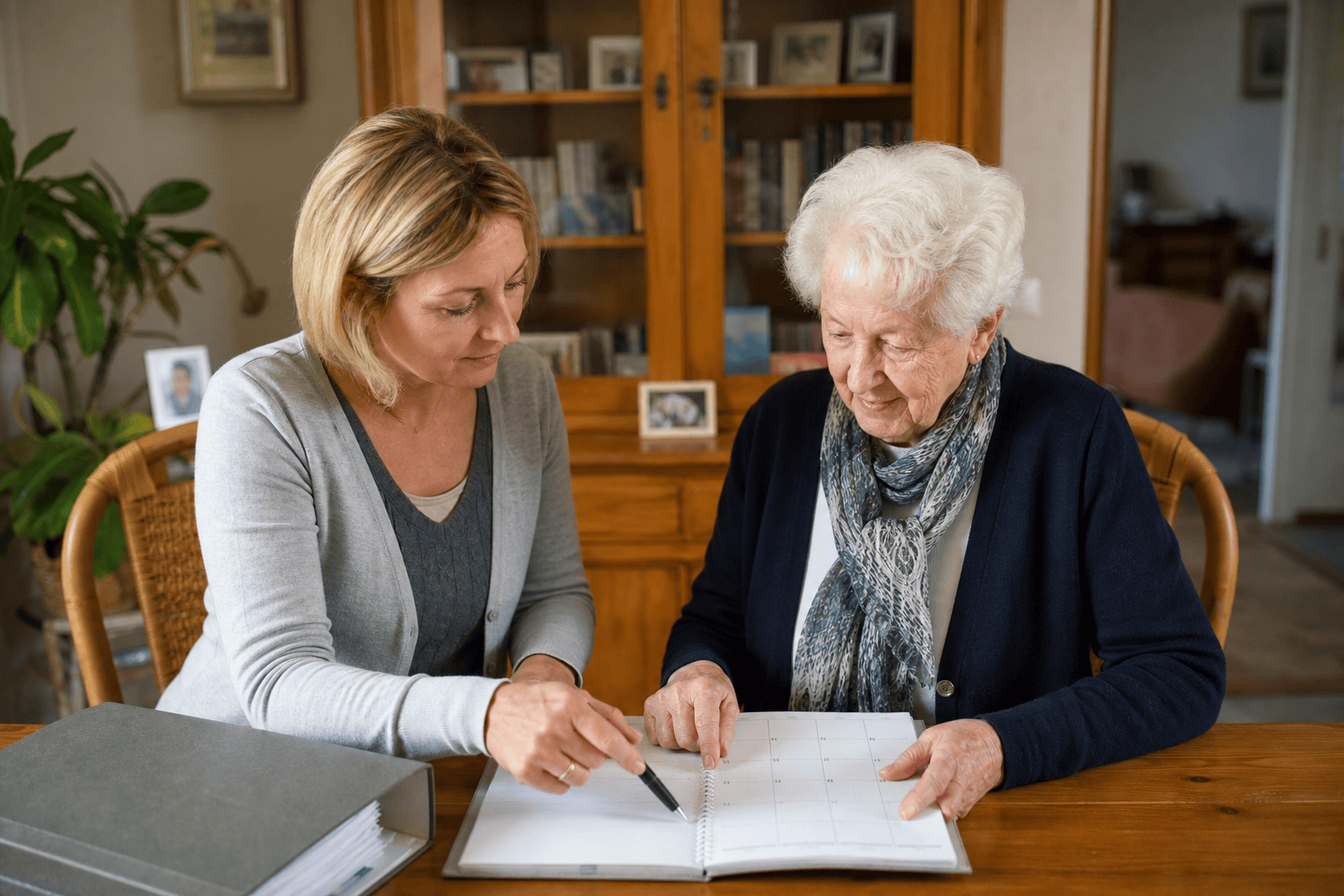 Angehörige und ältere Person besprechen gemeinsam Termine und Unterlagen