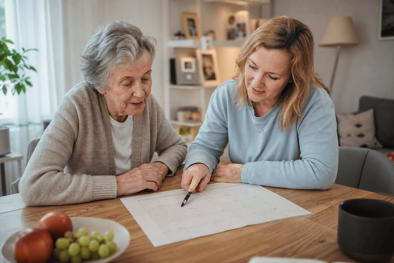 Angehörige und ältere Person stimmen einen Plan für die Unterstützung im Alltag ab.