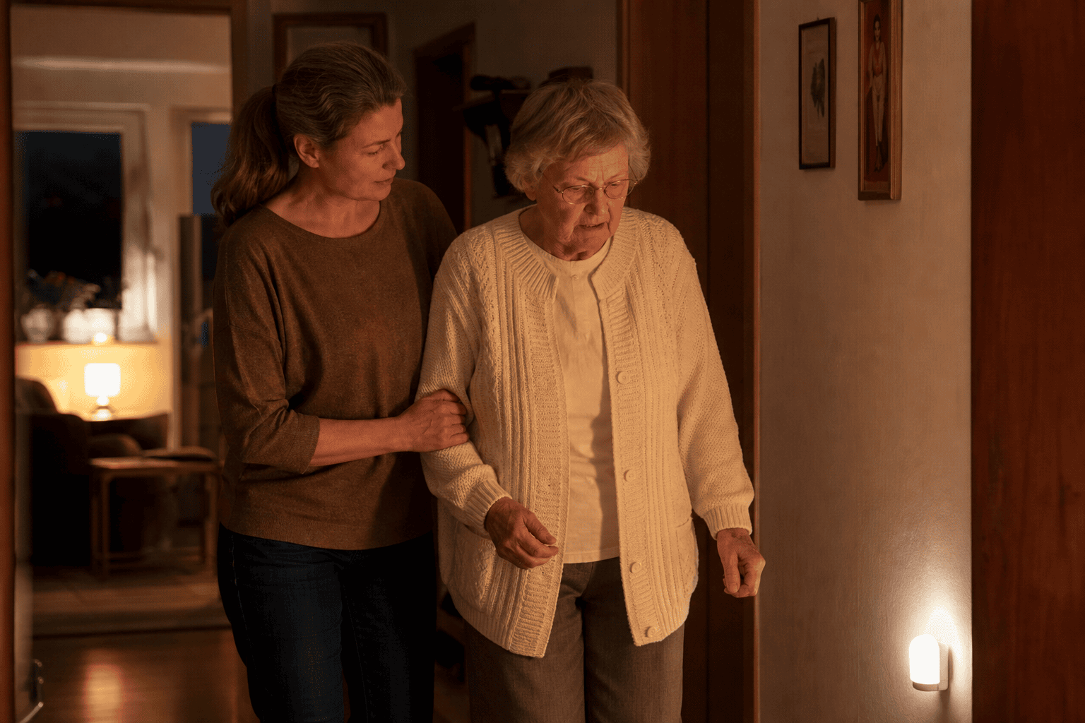 Betreuungsperson begleitet eine Seniorin nachts sicher durch den Wohnungsflur.