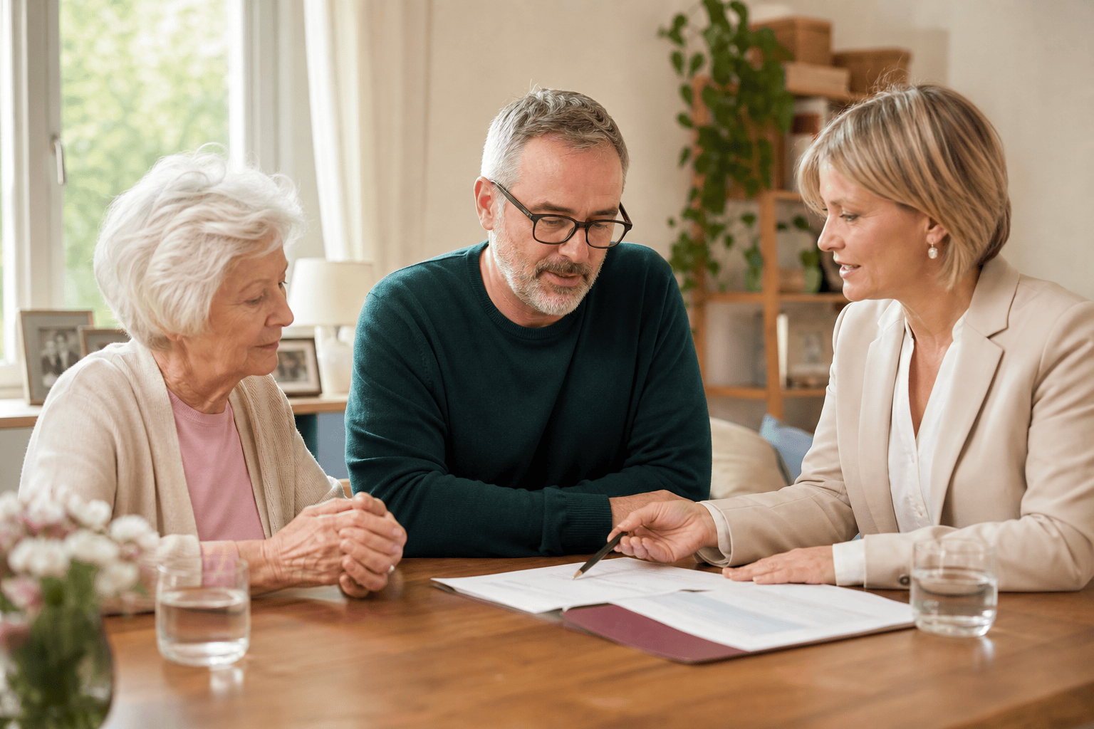 Ältere Person und Angehörige besprechen passende Unterstützung zu Hause