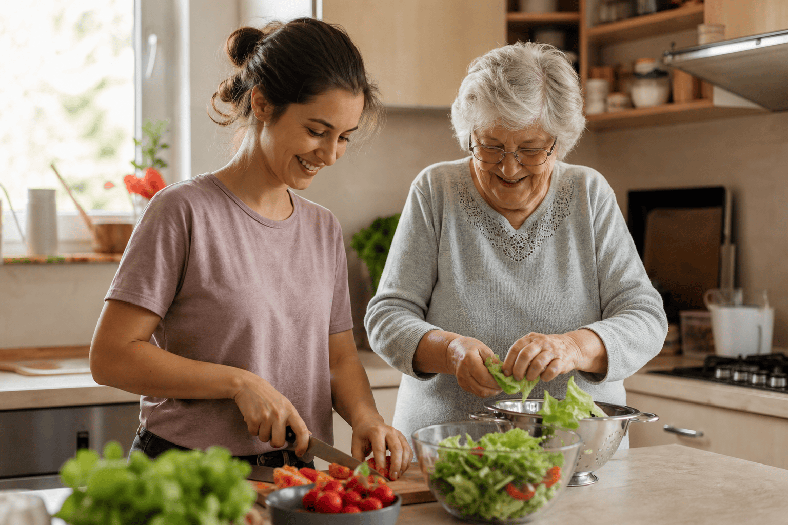 Betreuungskraft unterstützt eine ältere Person bei der Vorbereitung einer Mahlzeit zu Hause.