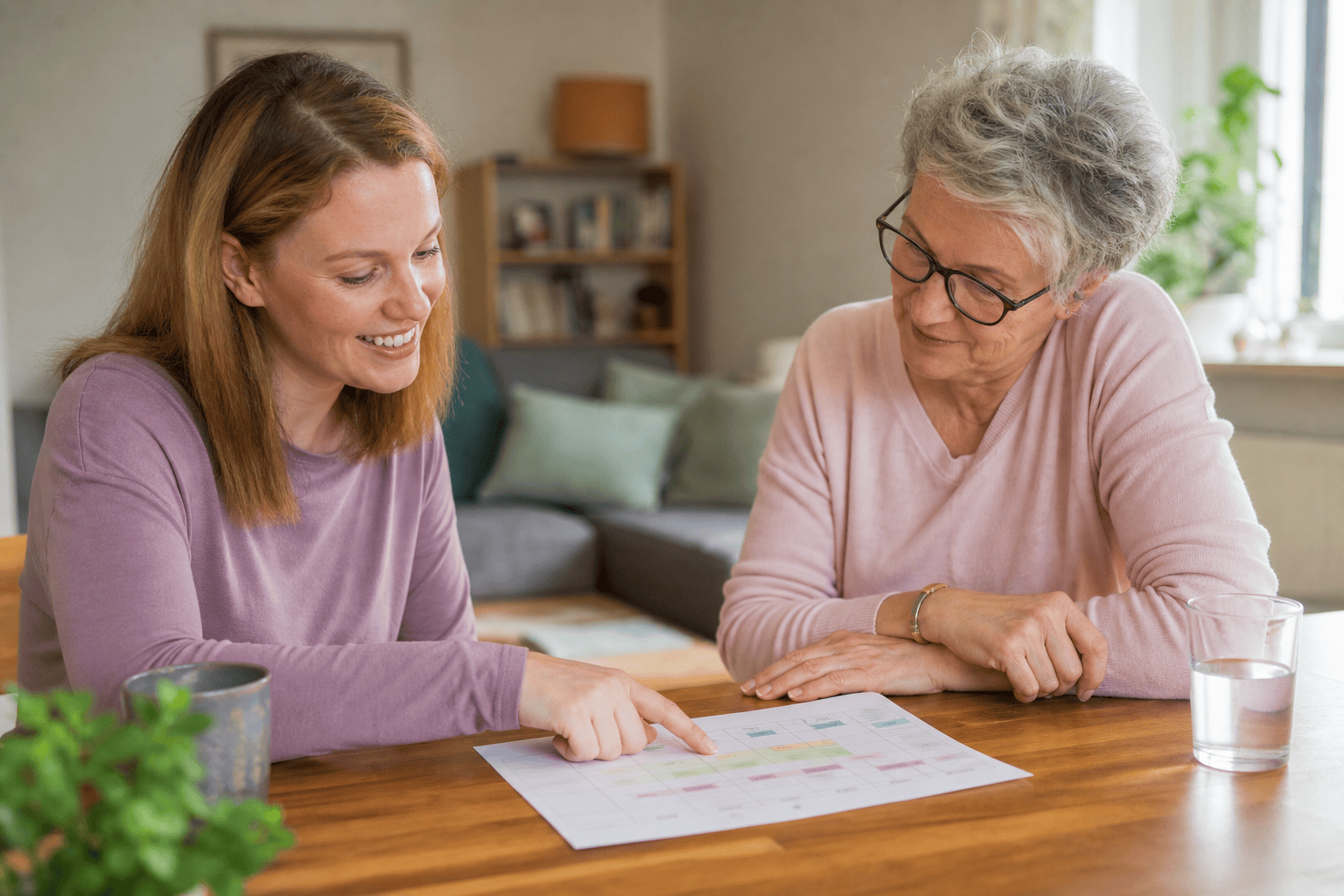 Angehöriger und Betreuungskraft besprechen zu Hause einen Rollen- und Kontaktplan.