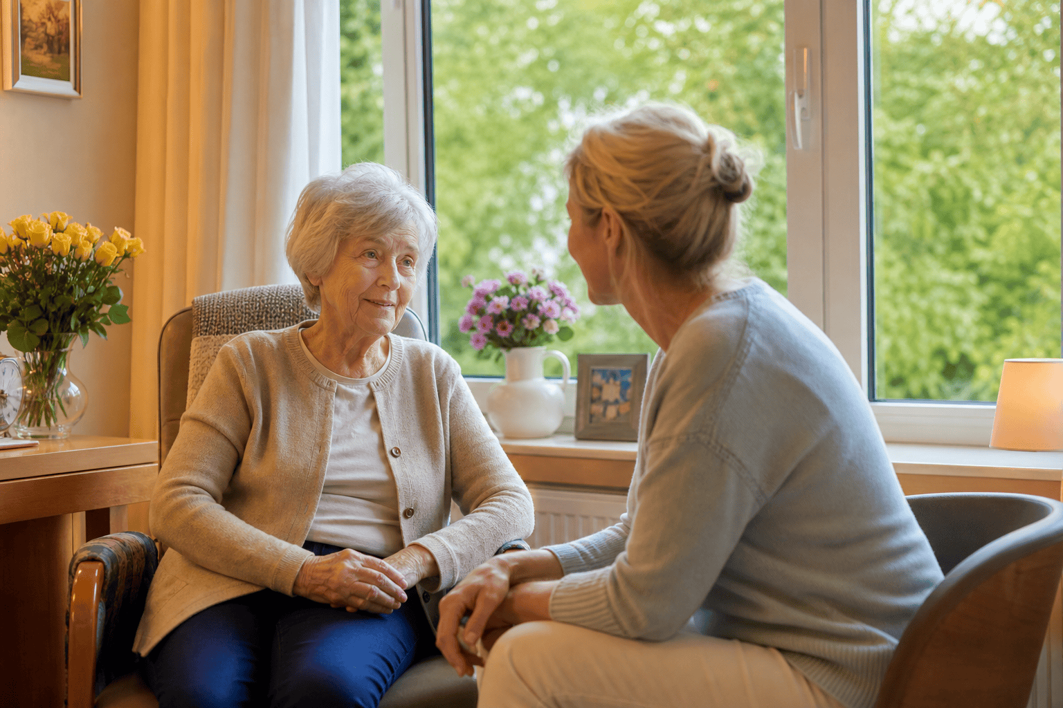 Bewohnerin und Angehörige sprechen in ruhiger Atmosphäre im Pflegeheim.